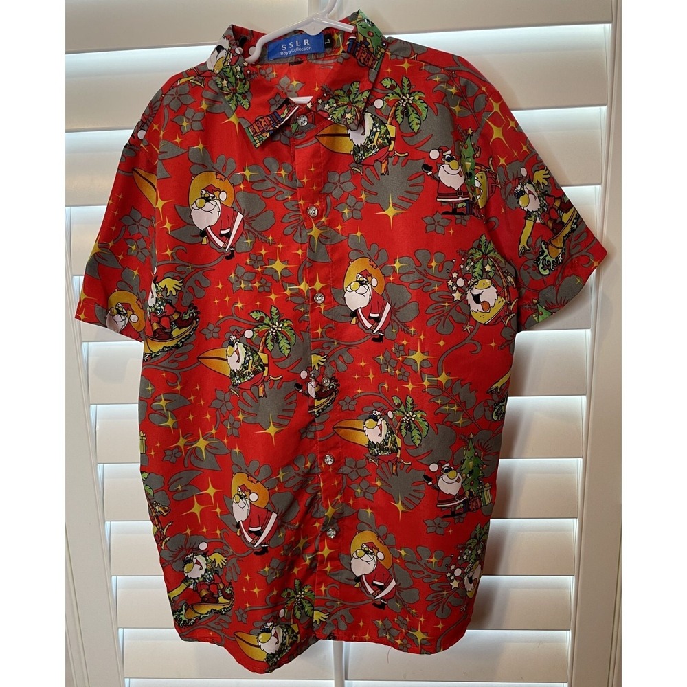 SSLR Boys‎ Large Button Down Shirt Red Christmas Surfing Santa Tropical Holiday